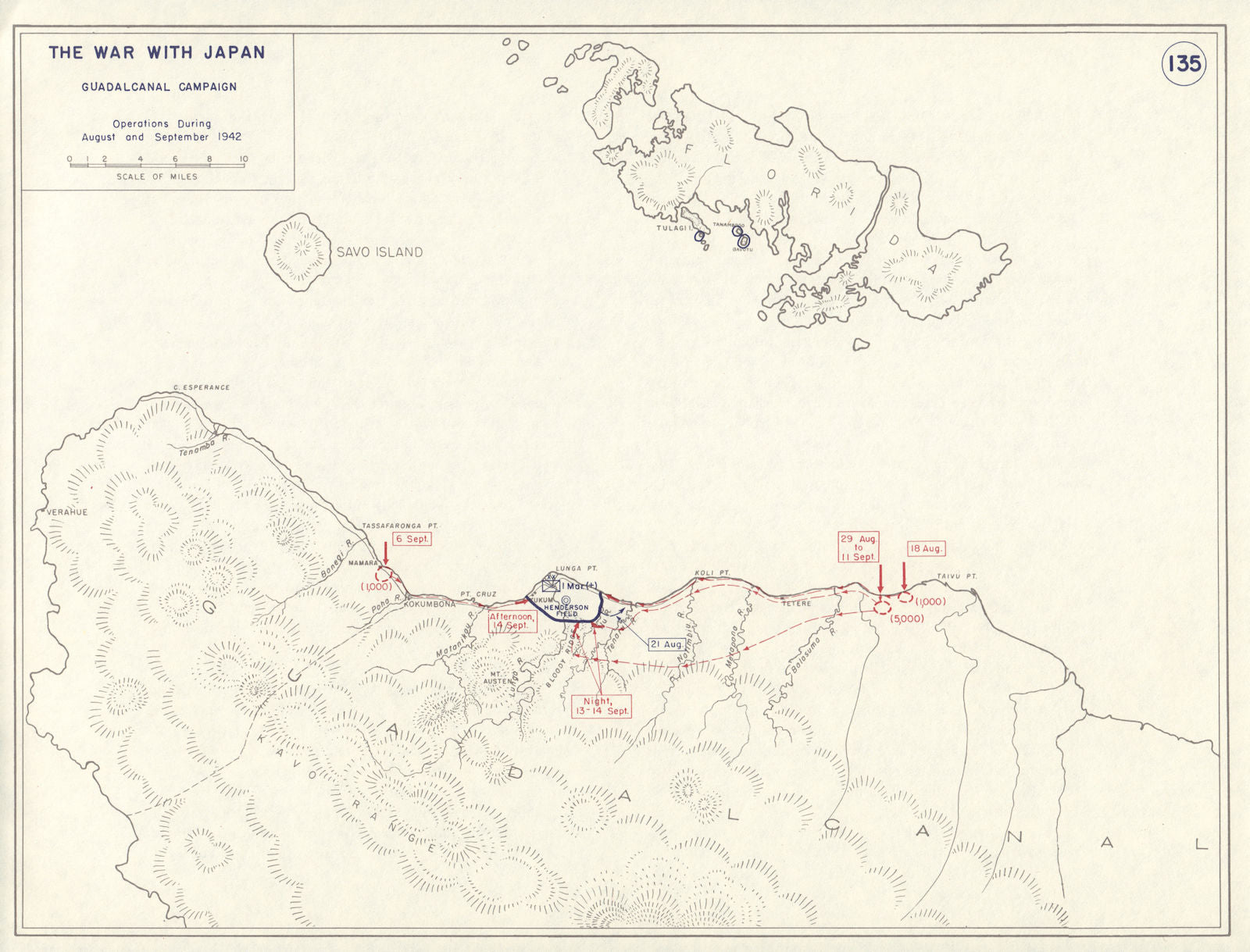 World War 2. Guadalcanal Campaign. August & September 1942 Operations 1959 map